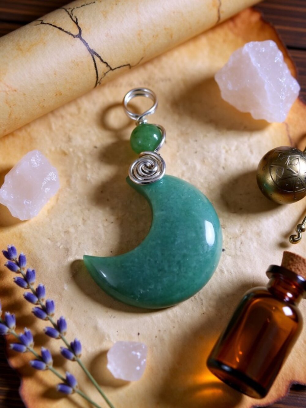 Wire Wrapped Green Aventurine Crescent Moon Pendant ~ Luck & Prosperity ~ OOAK!